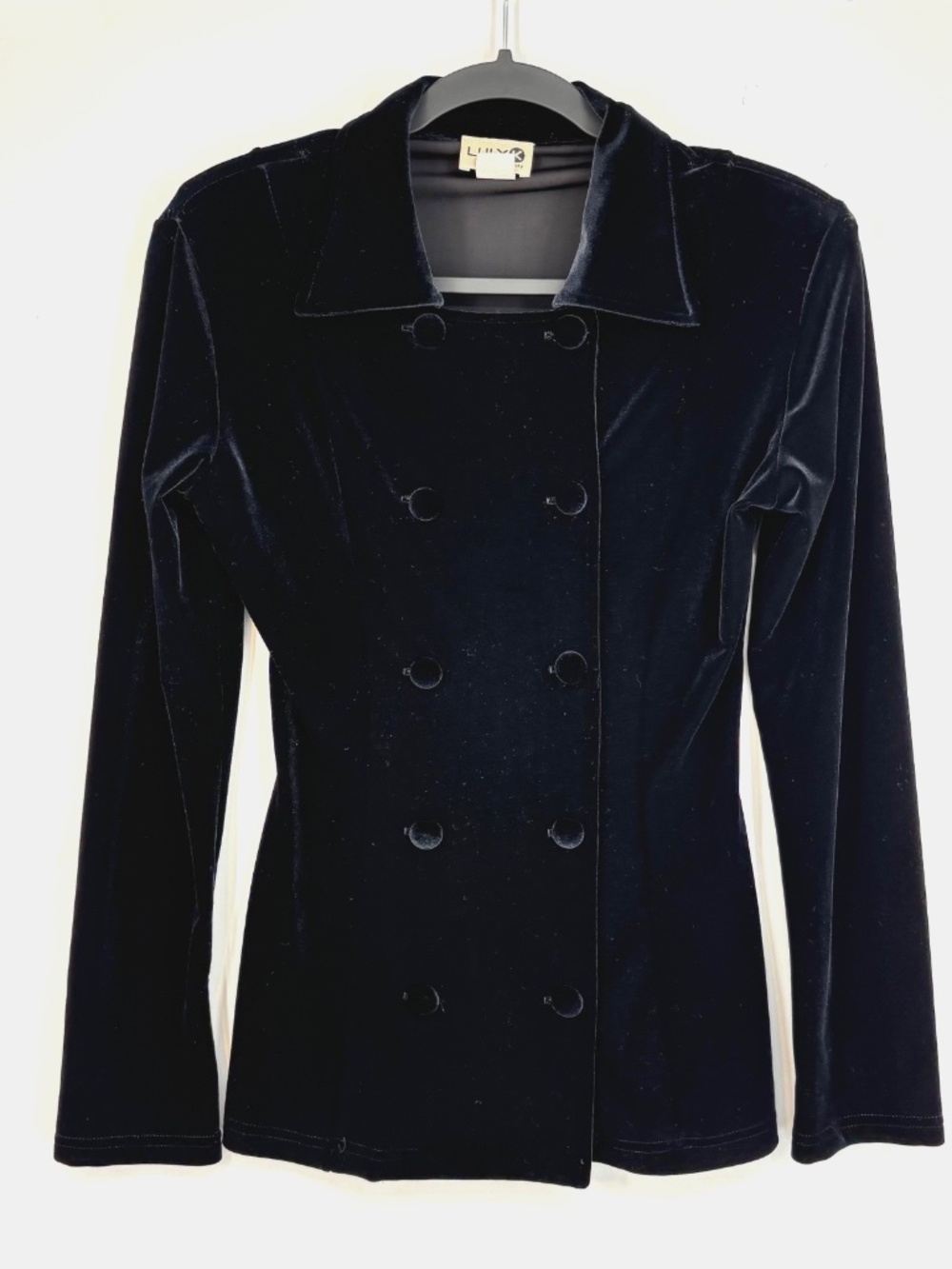 Luly K Womens XS Vintage Y2K Blazer Jacket Black Velvet Double Breasted Made USA